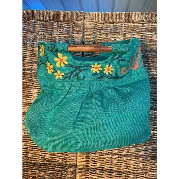 Green Boho Burlap Satchel/Handbag-NWOT - Picture 2 of 12